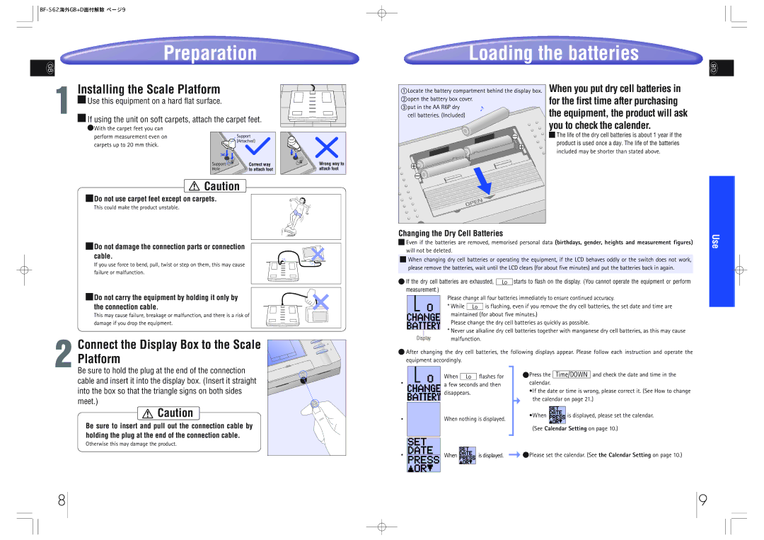 Tanita BF-562 instruction manual Loading the batteries, Installing the Scale Platform, Changing the Dry Cell Batteries 