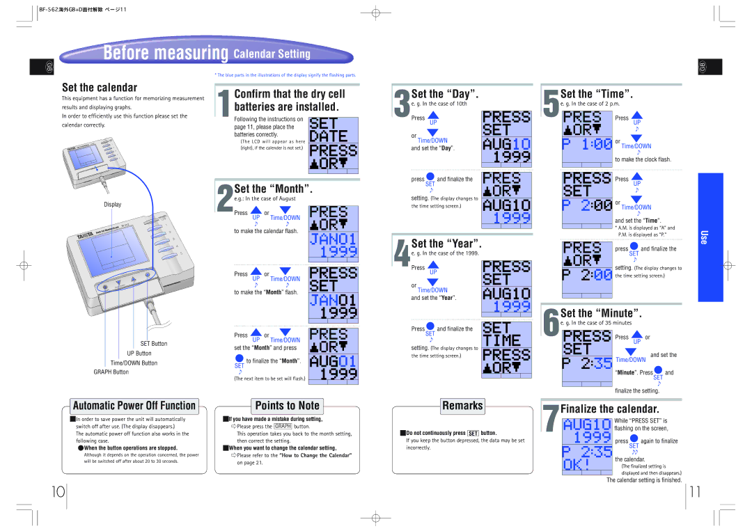 Tanita BF-562 Set the calendar, Set the Day Set the Time Batteries are installed, Set the Month, Set the Year 