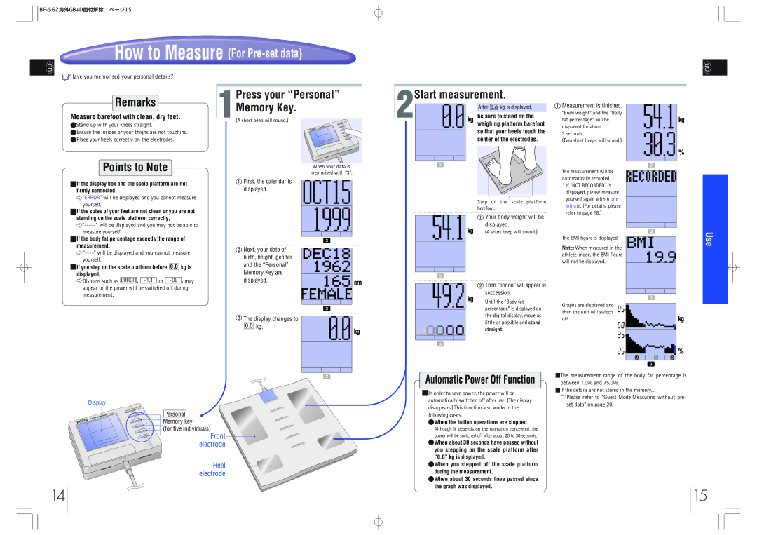 Tanita BF-562 instruction manual Start measurement, Measure barefoot with clean, dry feet 