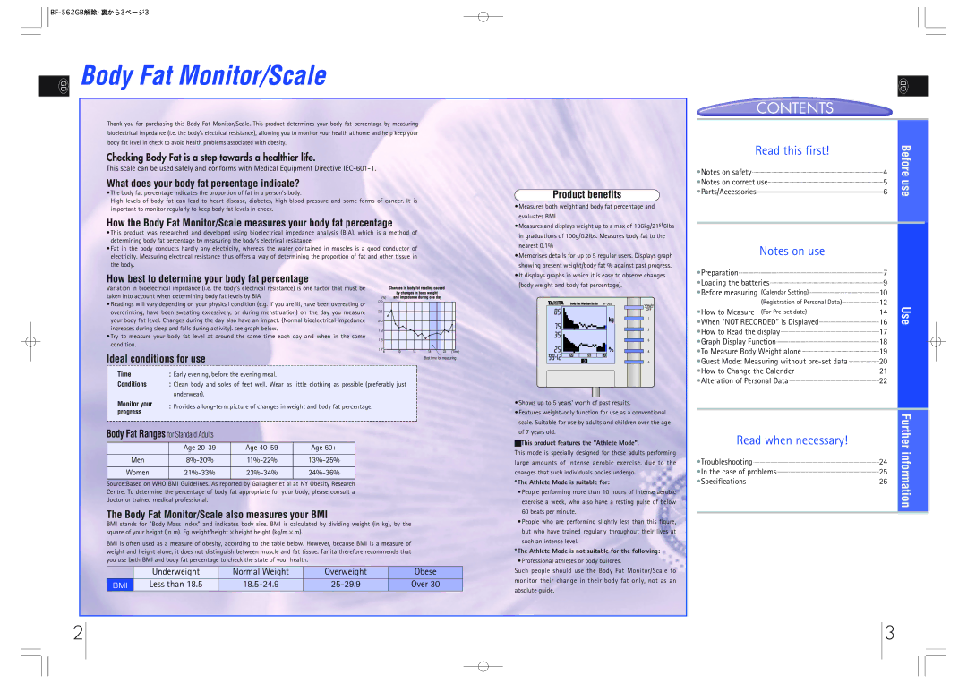 Tanita BF-562 instruction manual Body Fat Monitor/Scale 