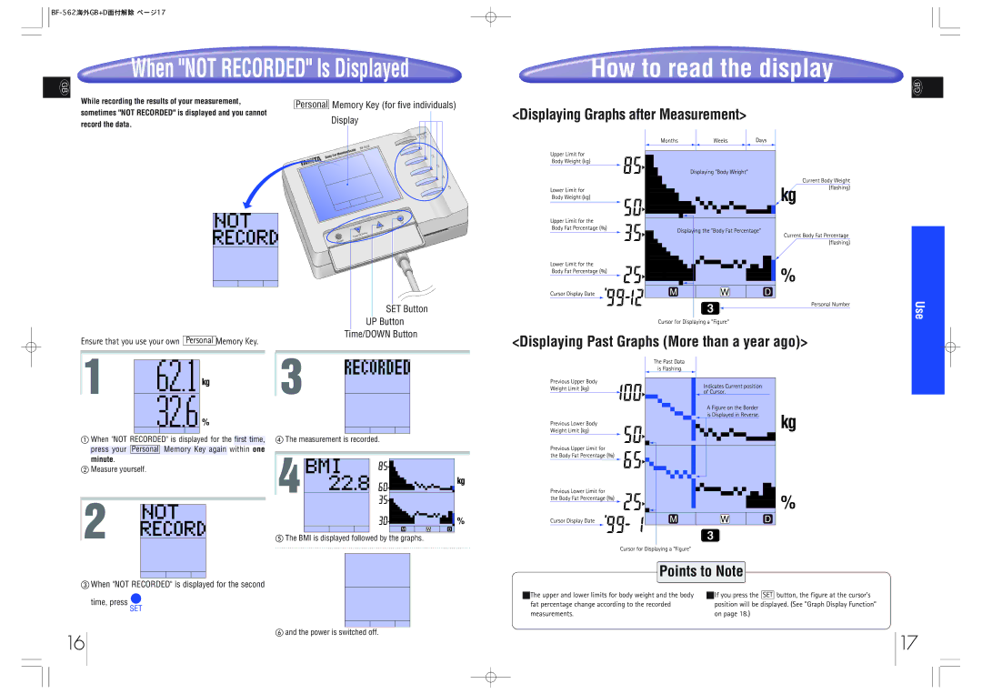 Tanita BF-562 instruction manual Displaying Past Graphs More than a year ago, Power is switched off, Measurements 