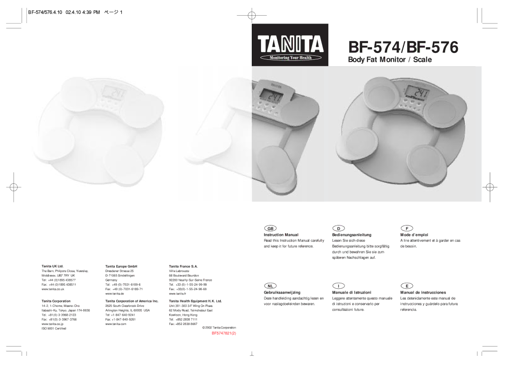 Tanita instruction manual BF-574/BF-576 