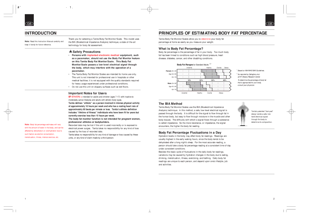 Tanita BF-574, BF-576 instruction manual Introduction, Principles of Estimating Body FAT Percentage 