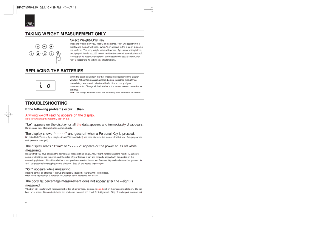 Tanita BF-576, BF-574 instruction manual Taking Weight Measurement only, Replacing the Batteries, Troubleshooting 