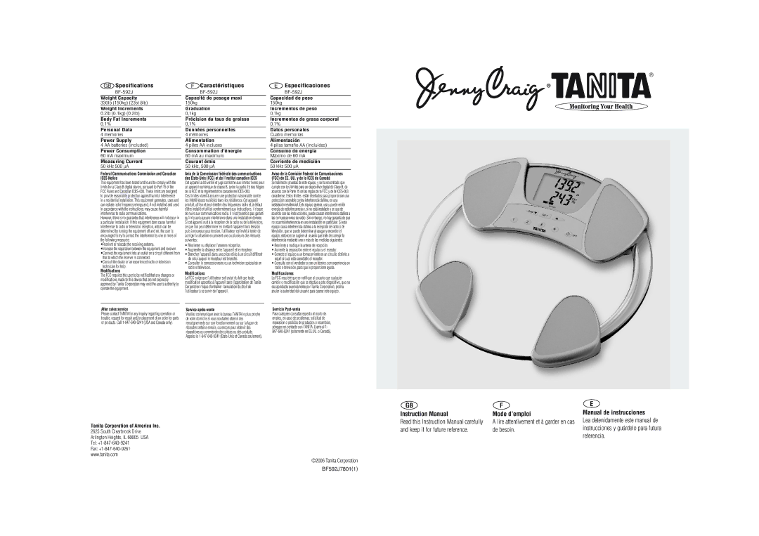 Tanita BF-592J instruction manual GB Specifications 