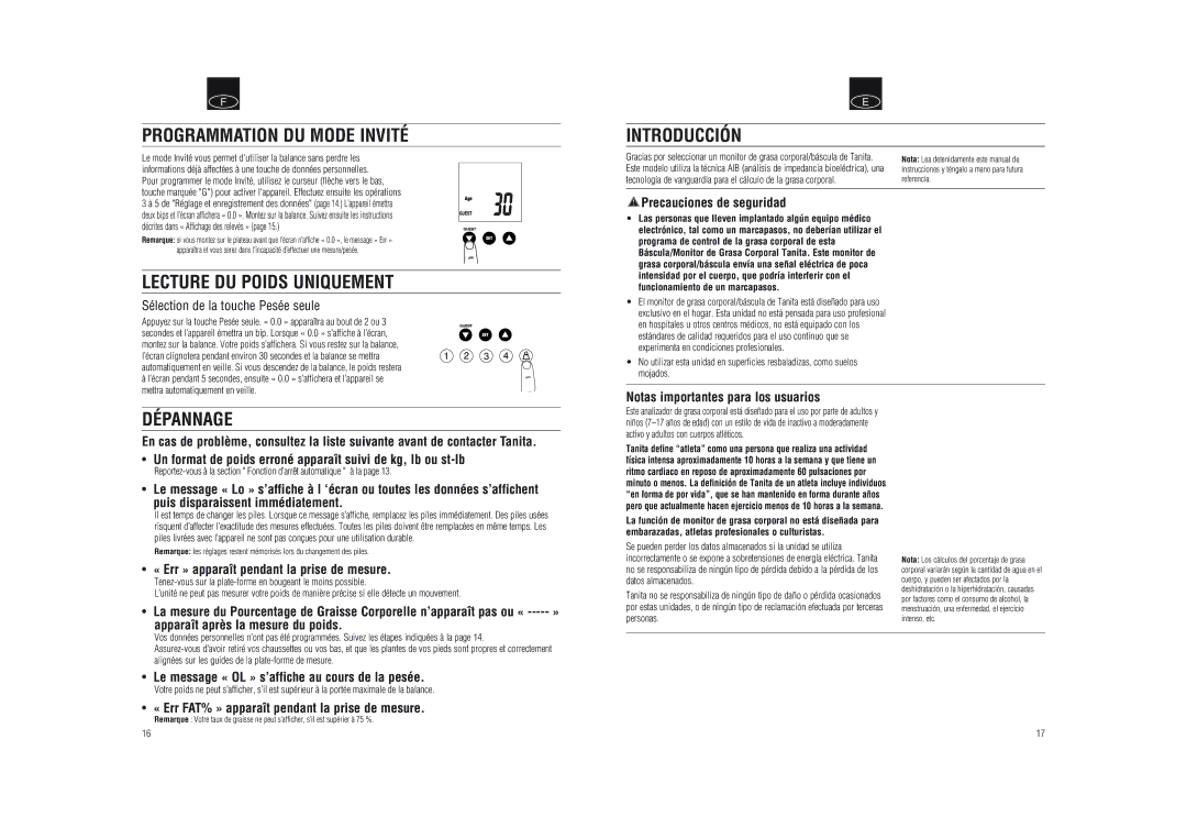 Tanita BF-592J instruction manual Programmation DU Mode Invité, Lecture DU Poids Uniquement, Dépannage, Introducción 