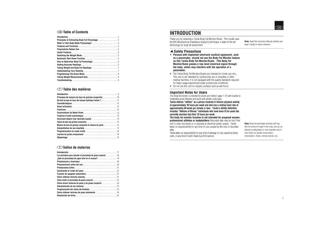 Tanita BF-592J instruction manual Introduction 