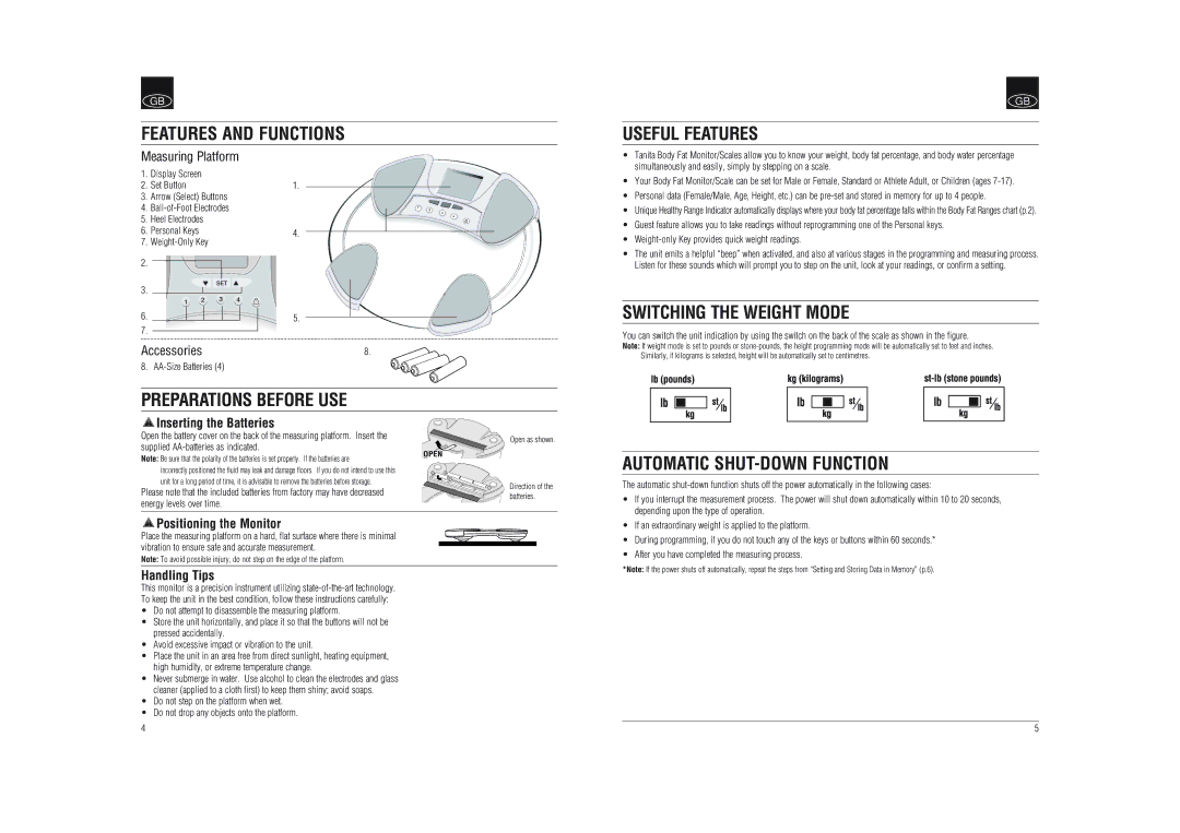 Tanita BF-592J Features and Functions, Preparations Before USE, Useful Features, Switching the Weight Mode 