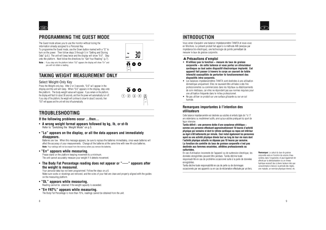 Tanita BF-592J instruction manual Programming the Guest Mode, Taking Weight Measurement only, Troubleshooting 