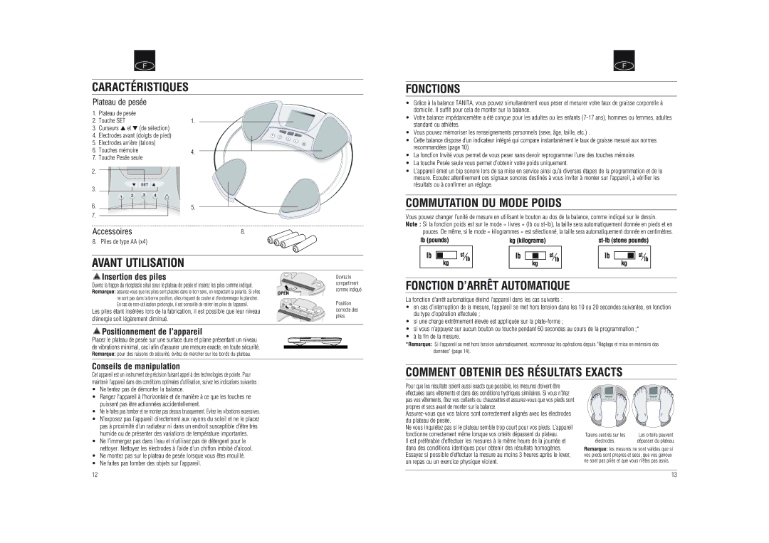 Tanita BF-592J Caractéristiques, Avant Utilisation, Fonctions, Commutation DU Mode Poids, Fonction D’ARRÊT Automatique 