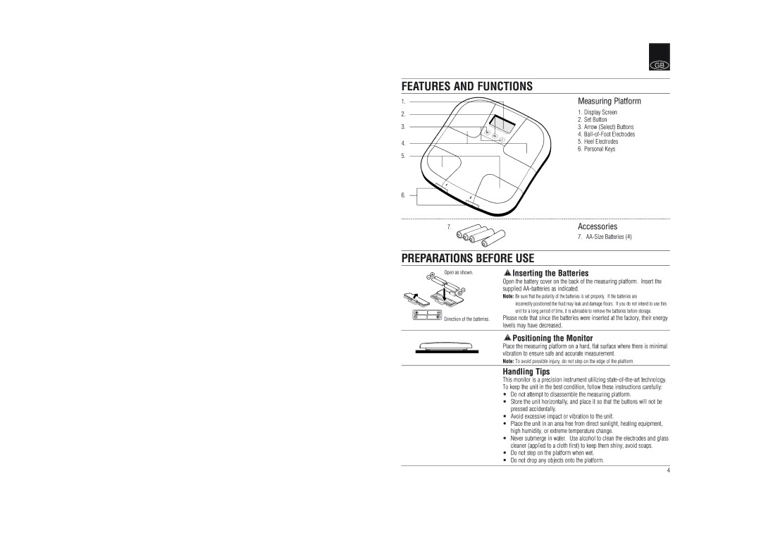 Tanita BF-626W Features and Functions, Preparations Before USE, Inserting the Batteries, Positioning the Monitor 