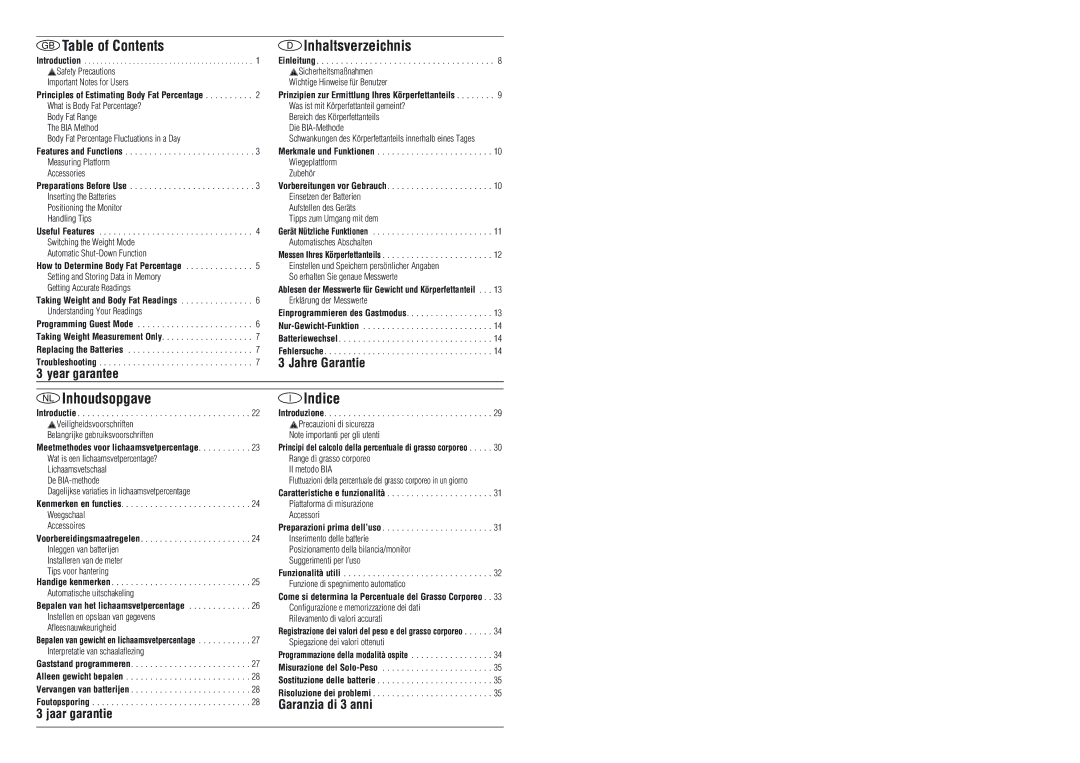 Tanita BF-662 instruction manual GB Table of Contents, Inhaltsverzeichnis, NL Inhoudsopgave, Indice 