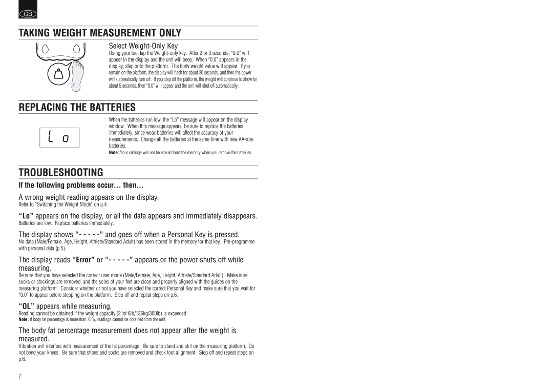 Tanita BF-662 instruction manual Taking Weight Measurement only, Replacing the Batteries, Troubleshooting 