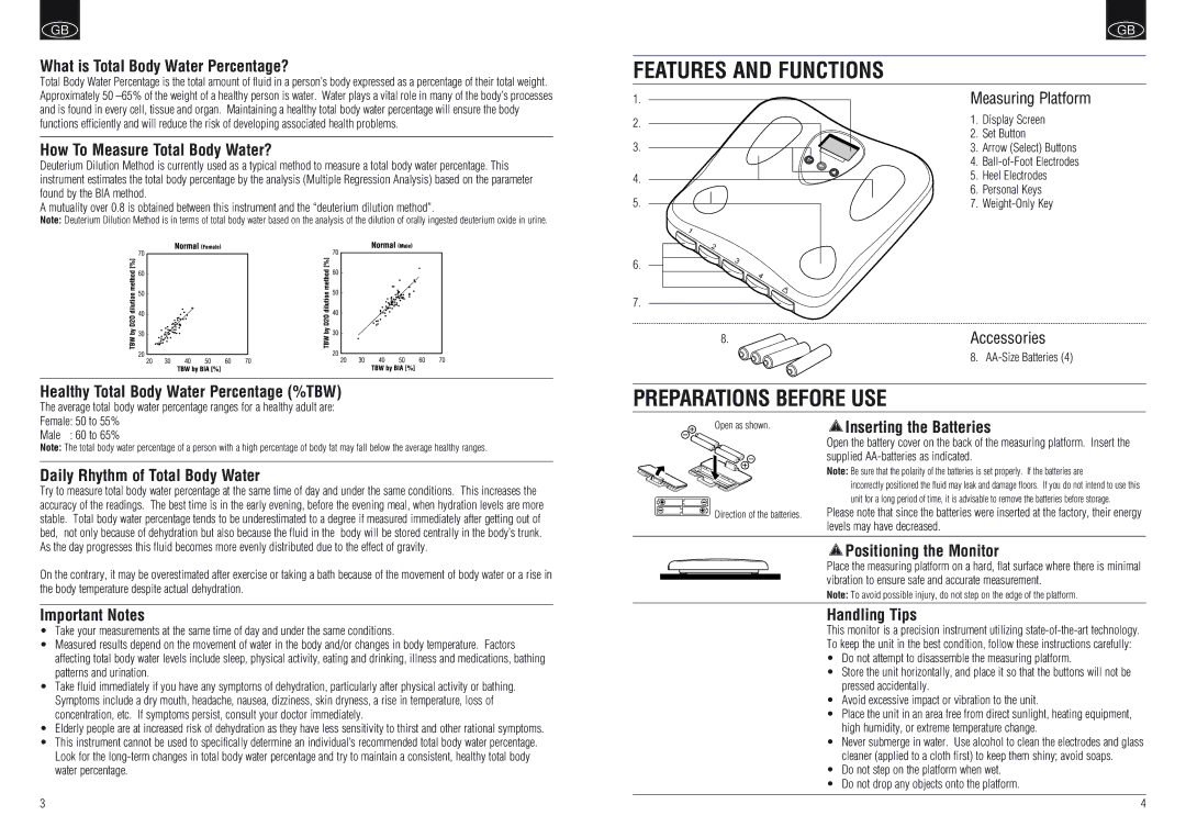 Tanita BF-662W instruction manual Features and Functions, Preparations Before USE 