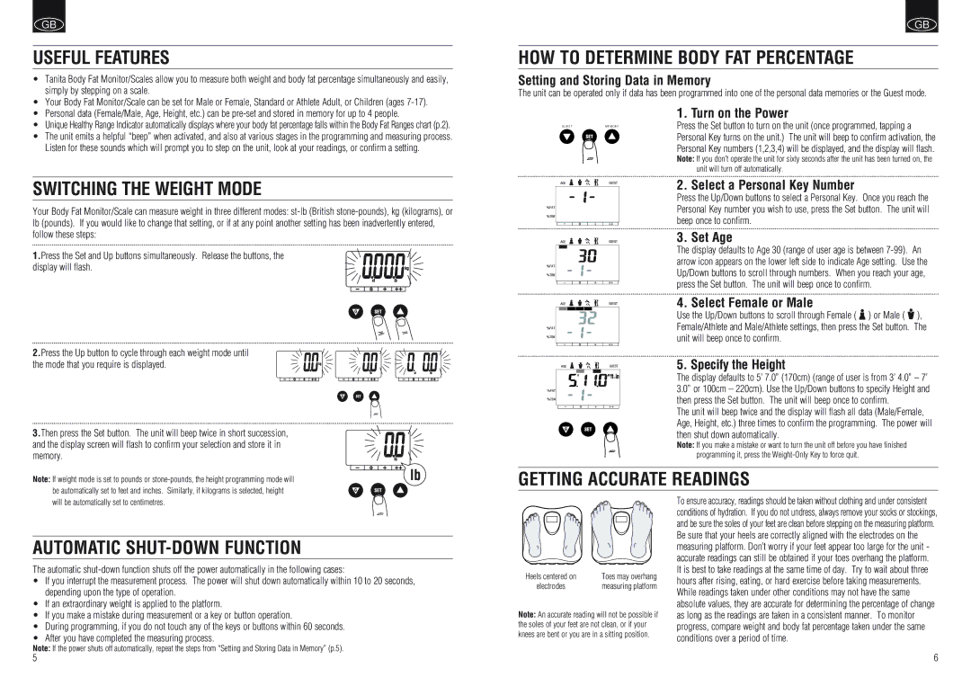 Tanita BF-662W Useful Features, HOW to Determine Body FAT Percentage, Switching the Weight Mode, Getting Accurate Readings 