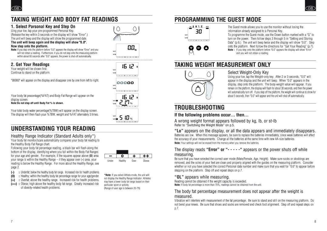 Tanita BF-662W Taking Weight and Body FAT Readings, Understanding Your Reading Programming the Guest Mode, Troubleshooting 