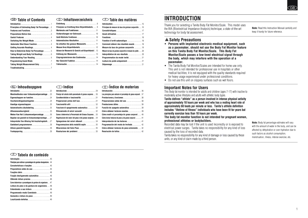 Tanita BF-664 instruction manual Introduction, Safety Precautions, Important Notes for Users 