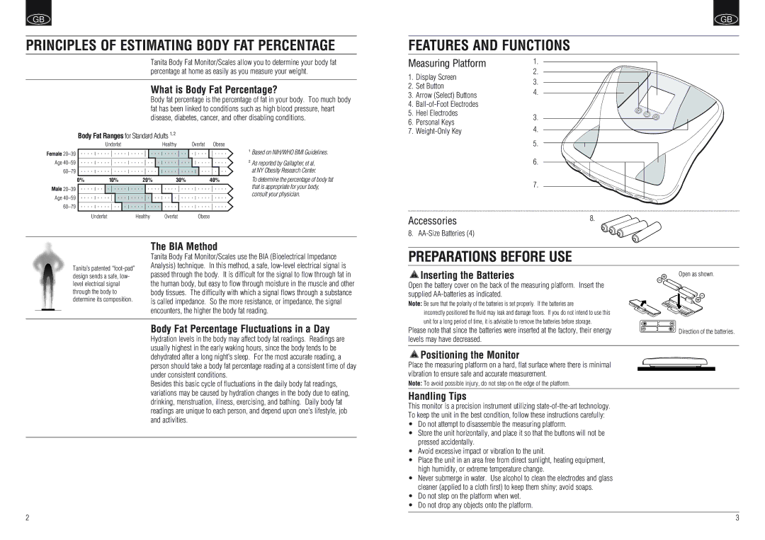 Tanita BF-664 instruction manual Preparations Before USE 