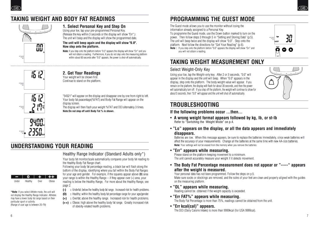 Tanita BF-664 instruction manual Taking Weight Measurement only, Understanding Your Reading Troubleshooting 