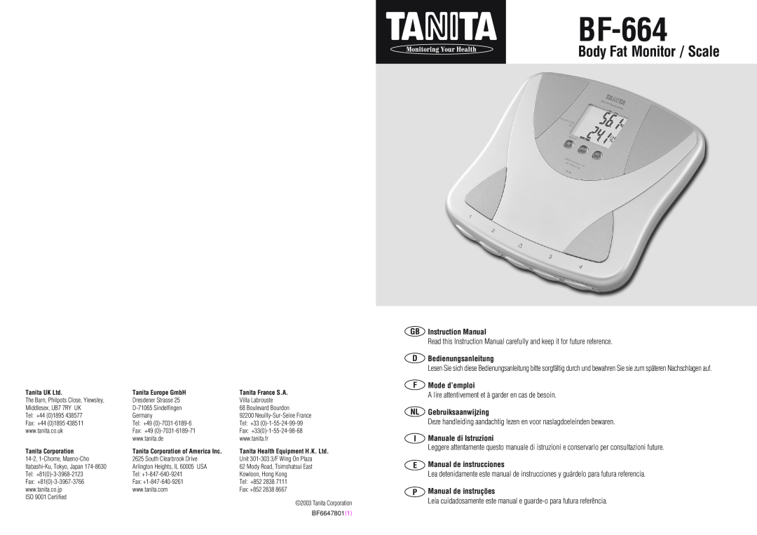 Tanita BF-664 instruction manual GB Instruction Manual, D Bedienungsanleitung, F Mode d’emploi, NL Gebruiksaanwijzing 