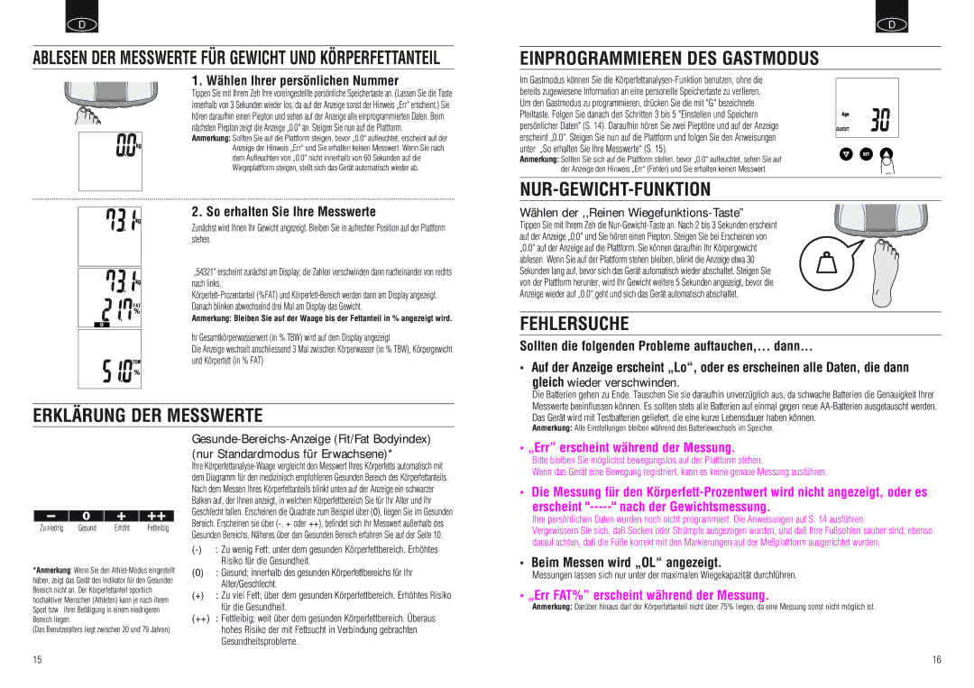 Tanita BF-666, BF-668 Einprogrammieren DES Gastmodus, Nur-Gewicht-Funktion, Erklärung DER Messwerte, Fehlersuche 