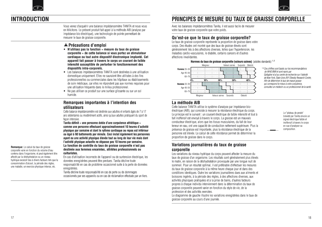 Tanita BF-668, BF-666 instruction manual Précautions d’emploi, Qu’est-ce que le taux de graisse corporelle?, La méthode AIB 