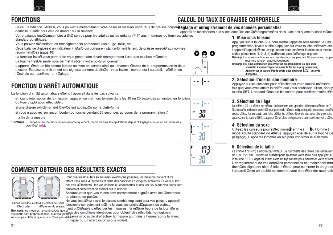 Tanita BF-668, BF-666 instruction manual Fonctions, Fonction D’ARRÊT Automatique, Comment Obtenir DES Résultats Exacts 