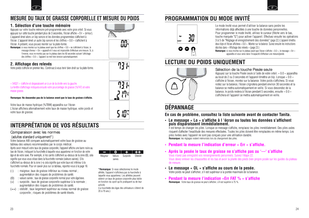 Tanita BF-666 Programmation DU Mode Invité, Lecture DU Poids Uniquement, Dépannage, Interprétation DE VOS Résultats 