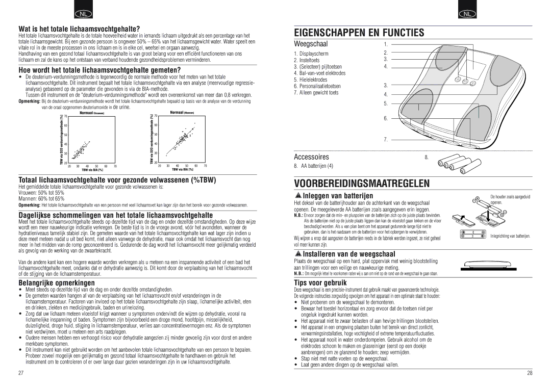 Tanita BF-666, BF-668 instruction manual Eigenschappen EN Functies, Voorbereidingsmaatregelen 