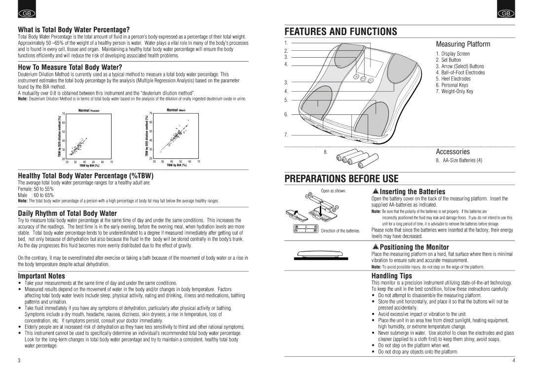 Tanita BF-666, BF-668 instruction manual Features and Functions, Preparations Before USE 