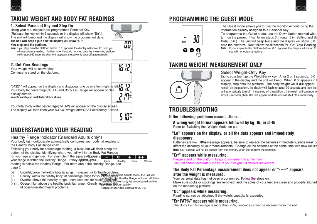 Tanita BF-666, BF-668 instruction manual Understanding Your Reading Taking Weight Measurement only, Troubleshooting 