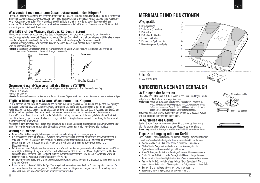 Tanita BF-666, BF-668 instruction manual Merkmale UND Funktionen, Vorbereitungen VOR Gebrauch 