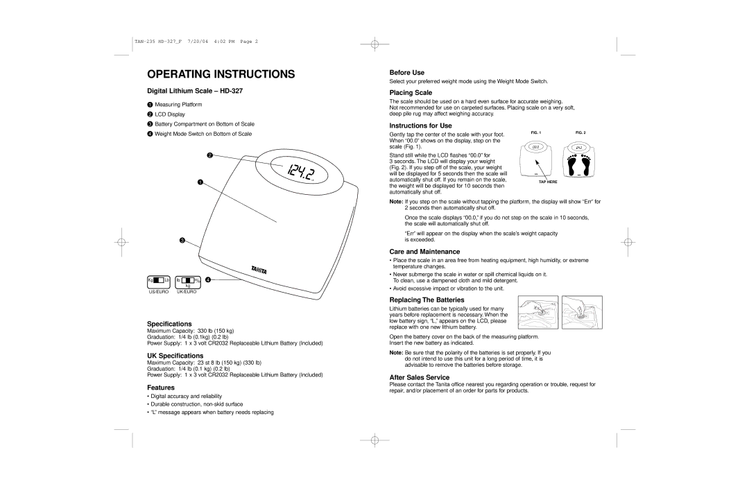 Tanita HD-327 operating instructions Operating Instructions 