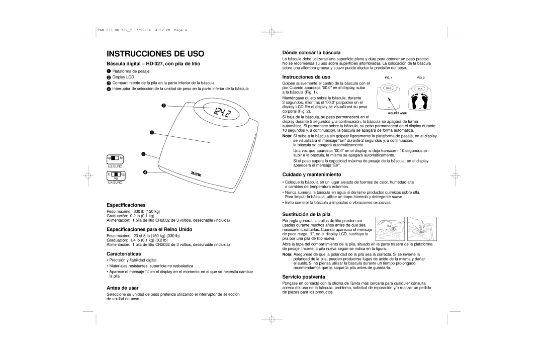 Tanita HD-327 operating instructions Instrucciones DE USO 