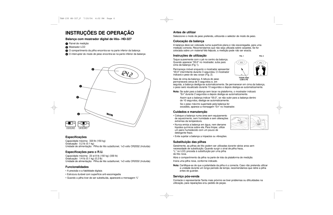 Tanita HD-327 operating instructions Instruções DE Operação 