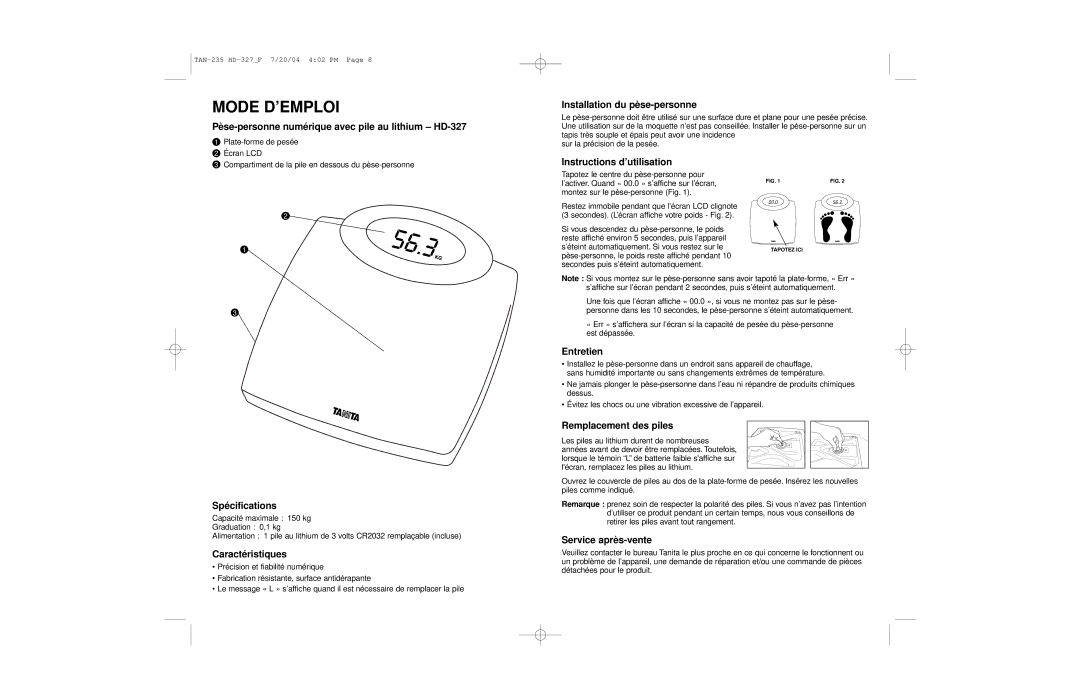 Tanita HD-327 operating instructions Mode D’EMPLOI 