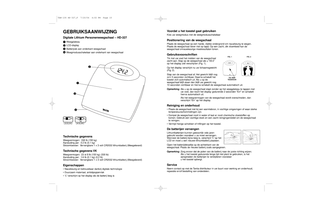 Tanita HD-327 operating instructions Gebruiksaanwijzing 