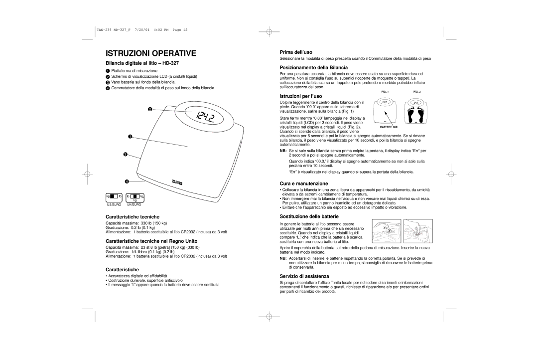 Tanita HD-327 operating instructions Istruzioni Operative 