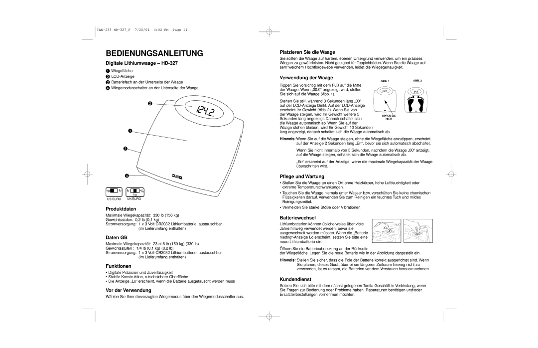 Tanita HD-327 operating instructions Bedienungsanleitung 