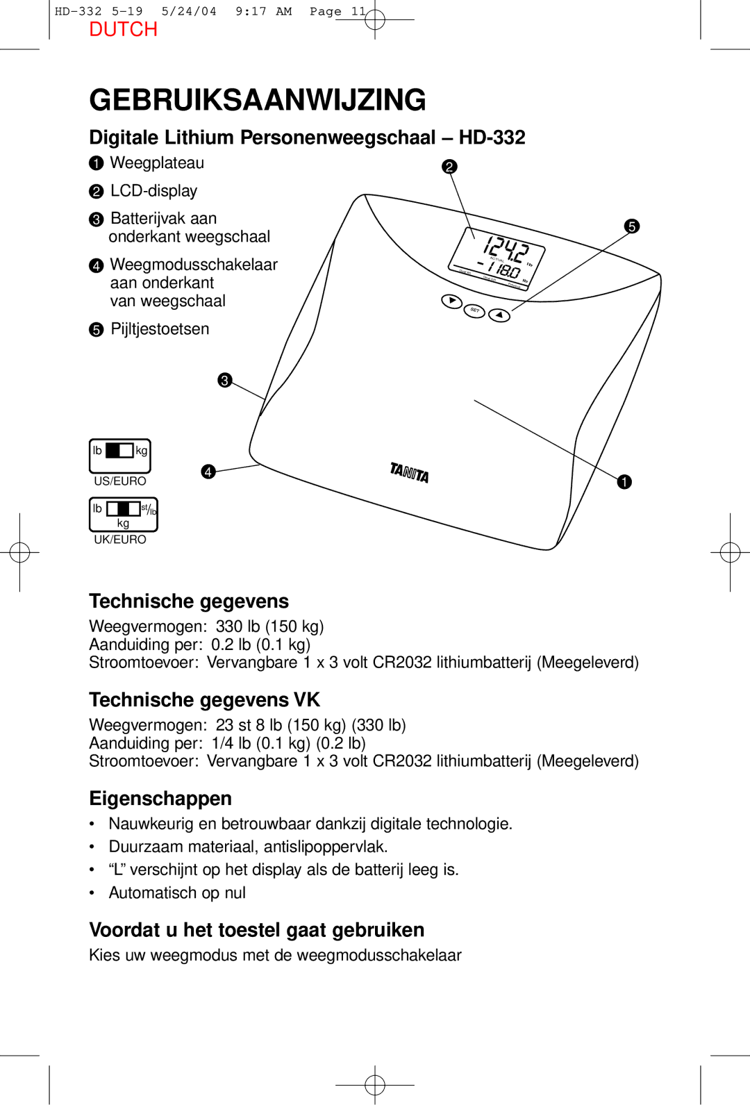 Tanita HD-332 operating instructions Gebruiksaanwijzing 