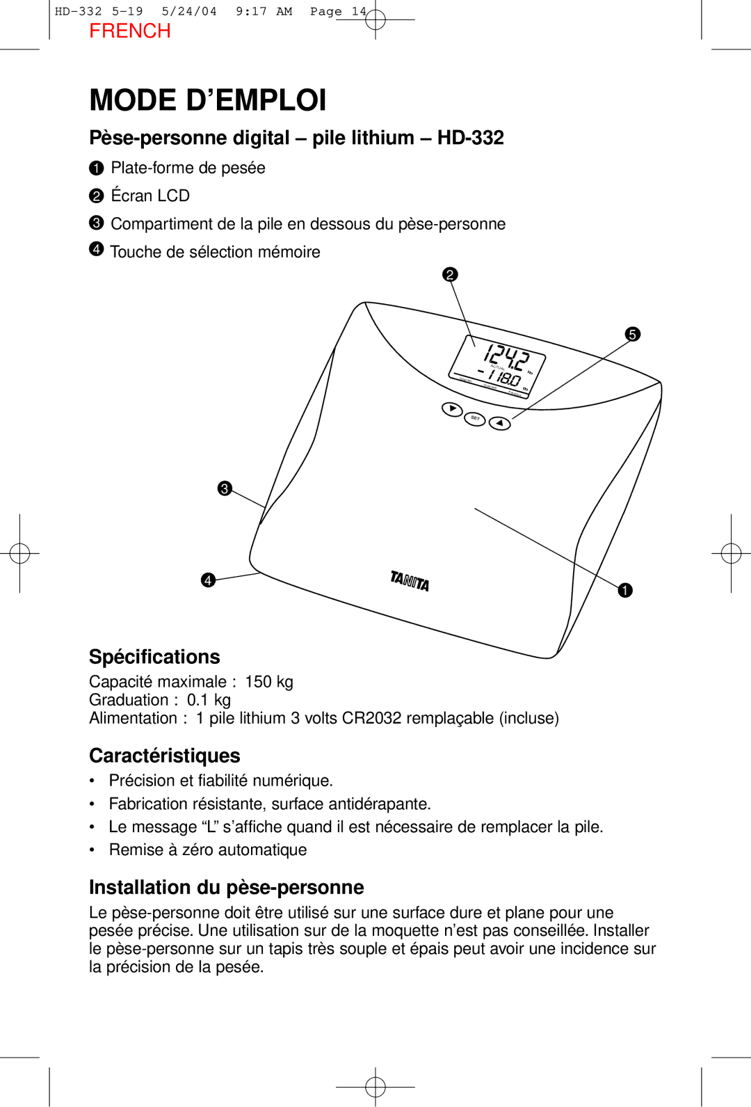 Tanita Mode D’EMPLOI, Pè se-personne digital pile lithium HD-332, Spé cifications, Caracté ristiques 