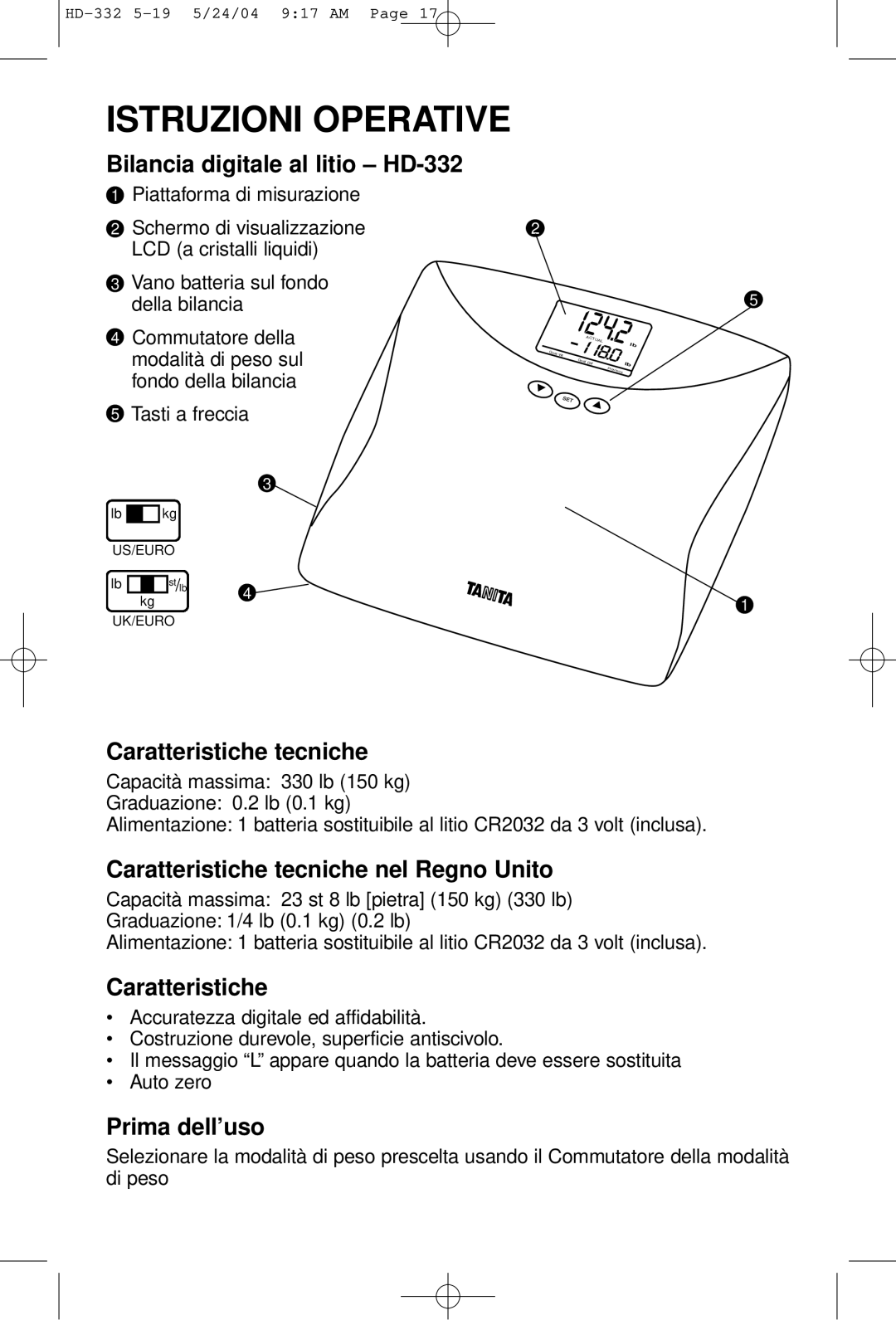 Tanita HD-332 operating instructions Istruzioni Operative 