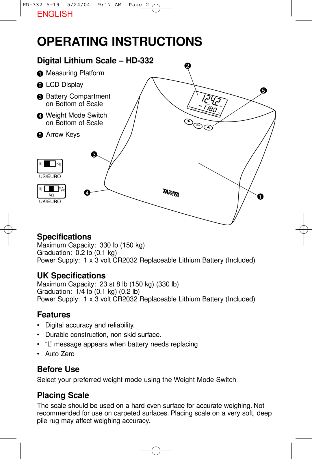 Tanita HD-332 operating instructions Operating Instructions 