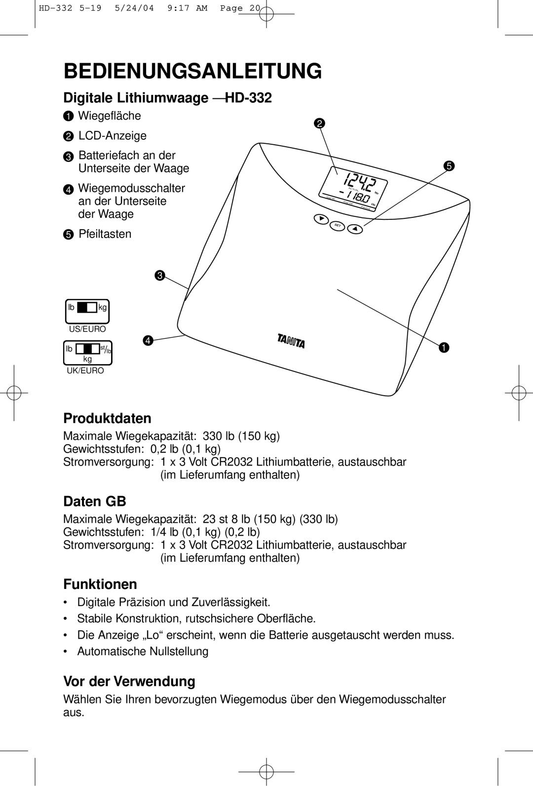 Tanita HD-332 operating instructions Bedienungsanleitung 