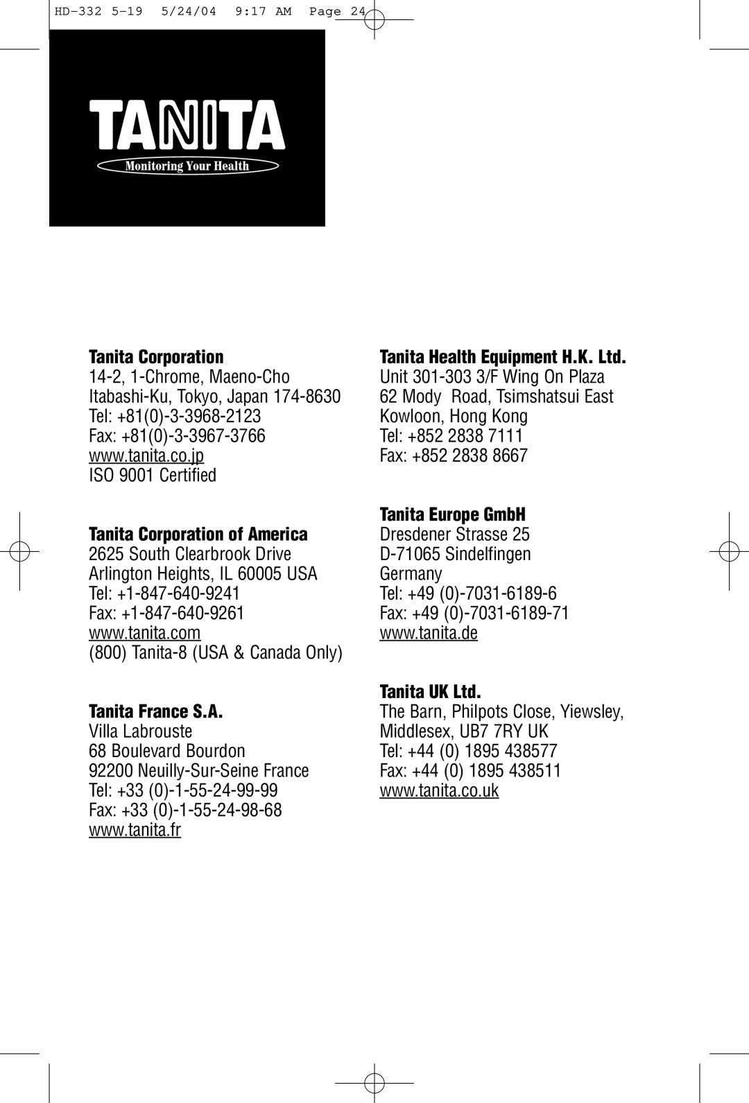 Tanita HD-332 operating instructions Tanita Corporation 