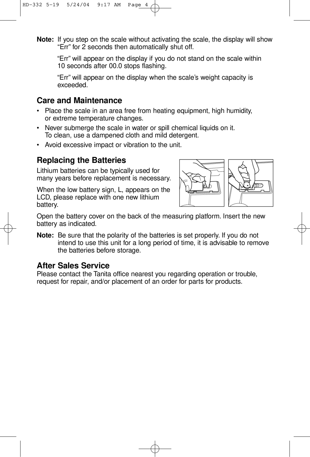 Tanita HD-332 operating instructions Care and Maintenance, Replacing the Batteries, After Sales Service 