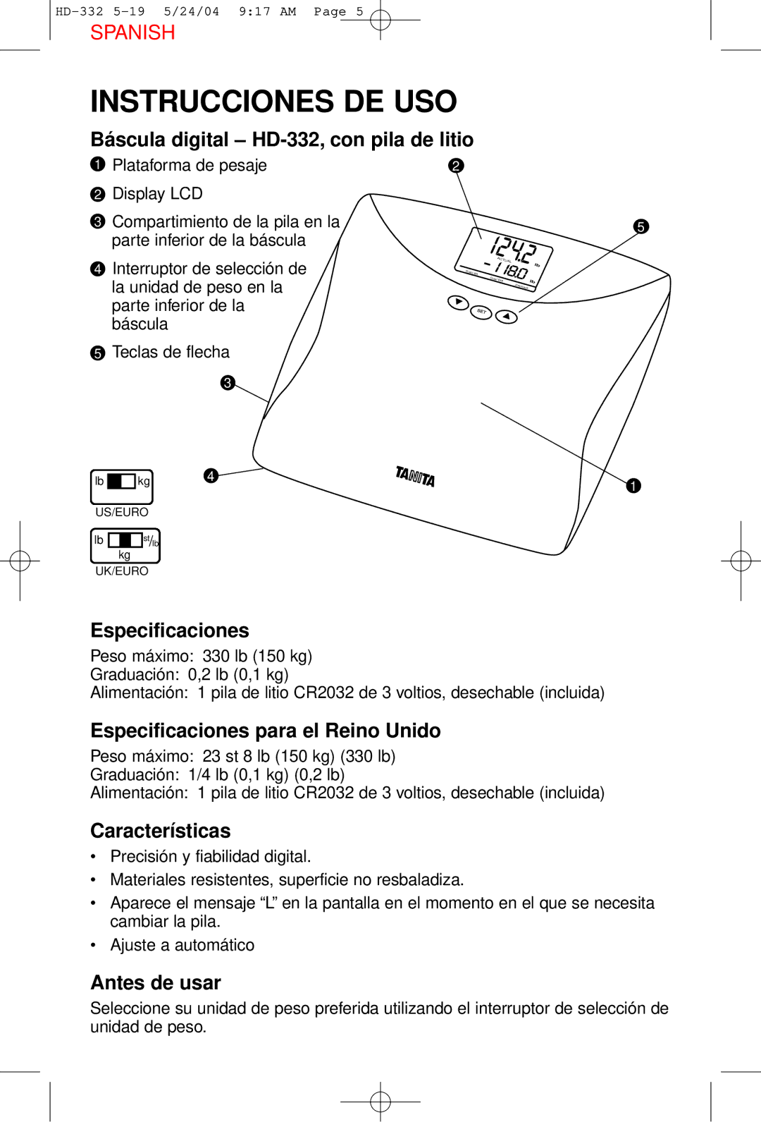 Tanita HD-332 operating instructions Instrucciones DE USO 