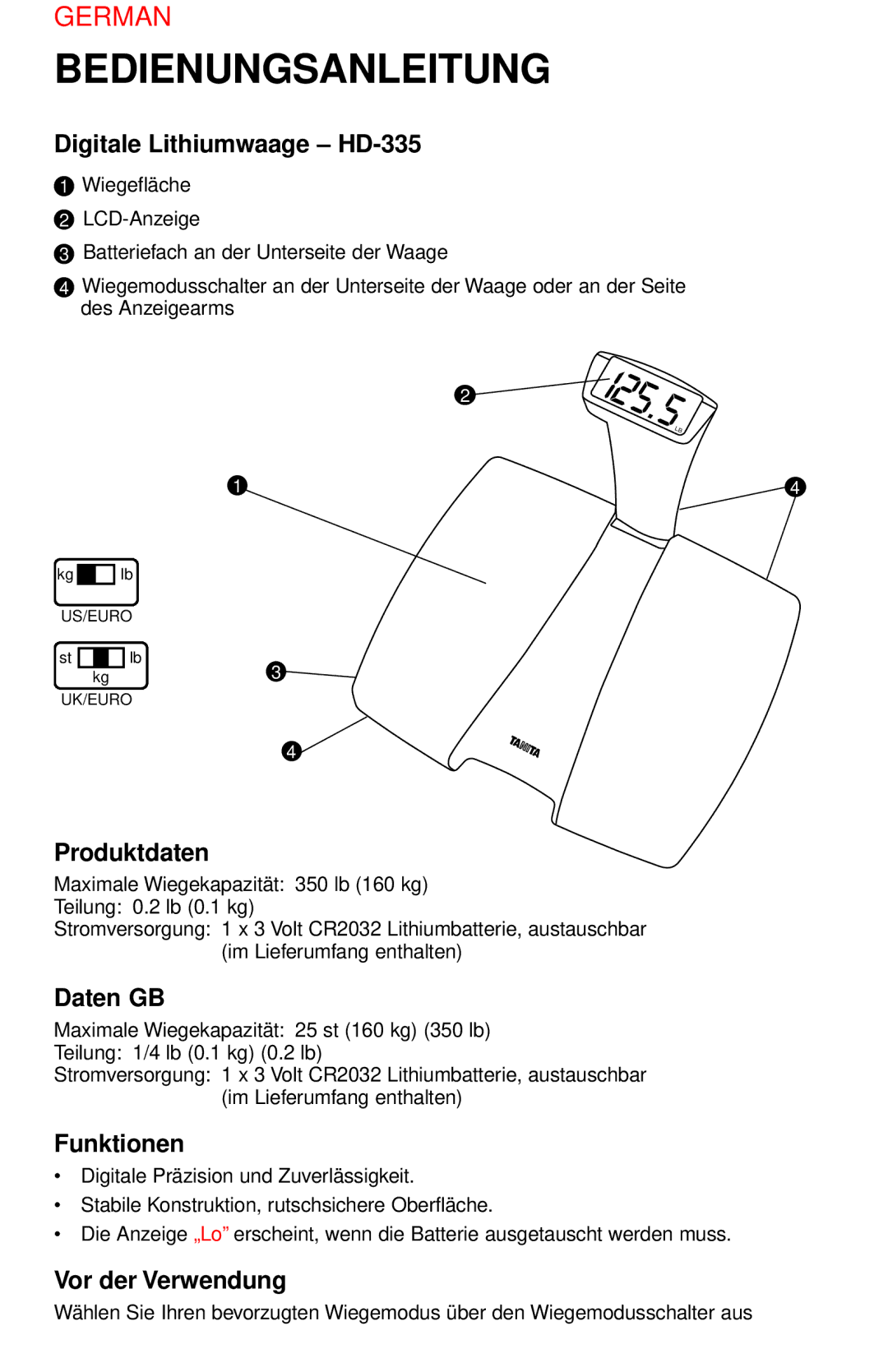 Tanita HD-335 operating instructions Bedienungsanleitung 