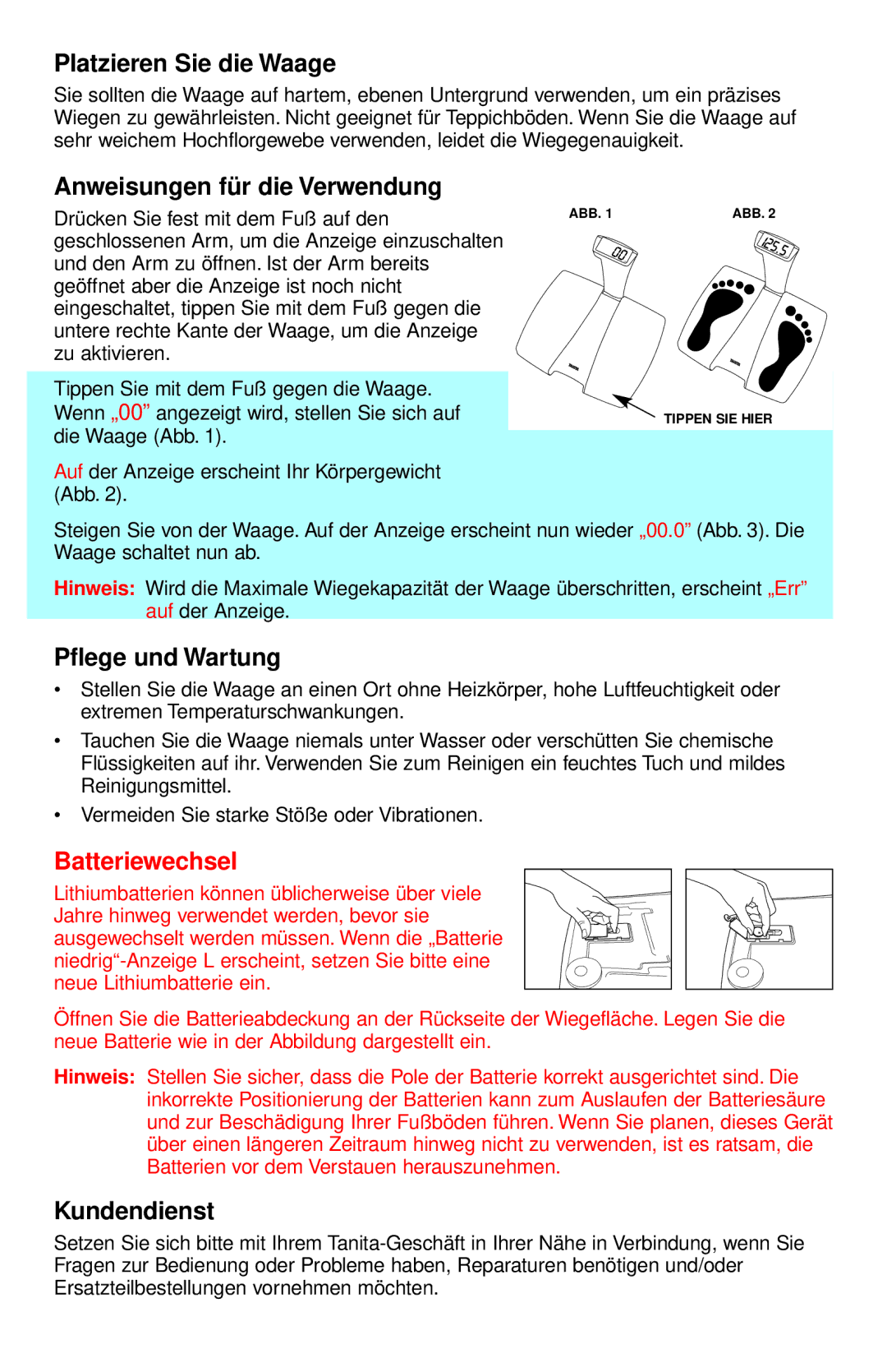 Tanita HD-335 Platzieren Sie die Waage, Anweisungen fü r die Verwendung, Pflege und Wartung, Batteriewechsel, Kundendienst 