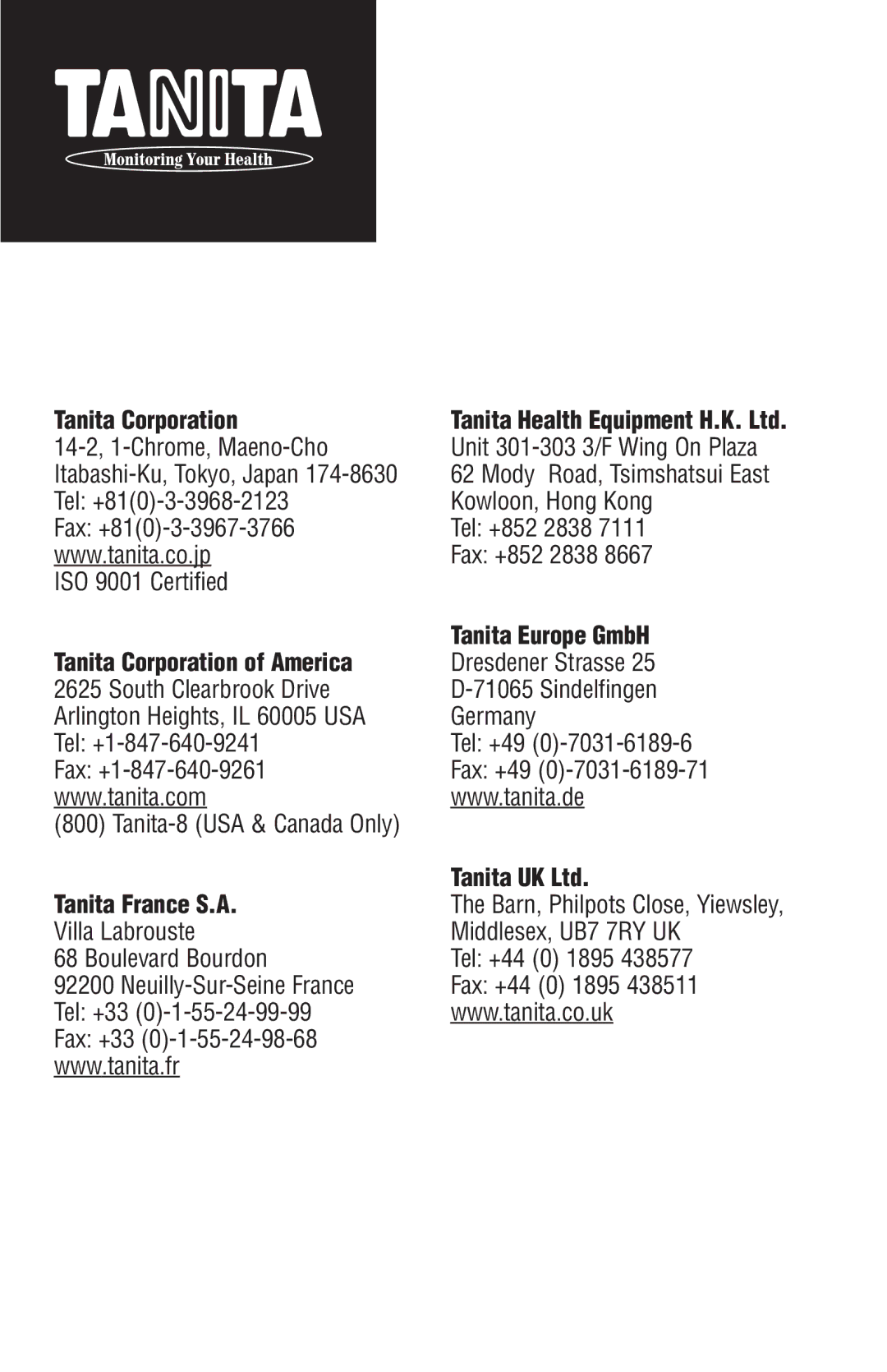 Tanita HD-335 operating instructions Tanita Corporation of America Tanita Europe GmbH, Tanita France S.A 